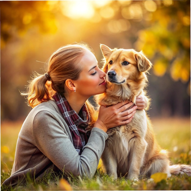 a woman is kissing a dog with a dog in the background