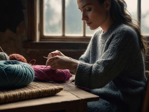 Photo a woman is knitting with yarn on her left hand