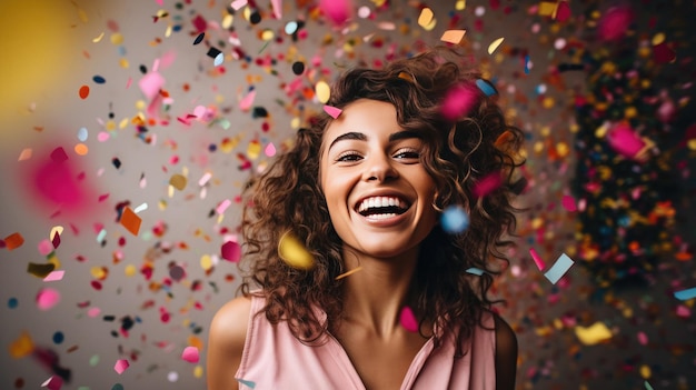 A woman is laughing and has confetti falling on her face.