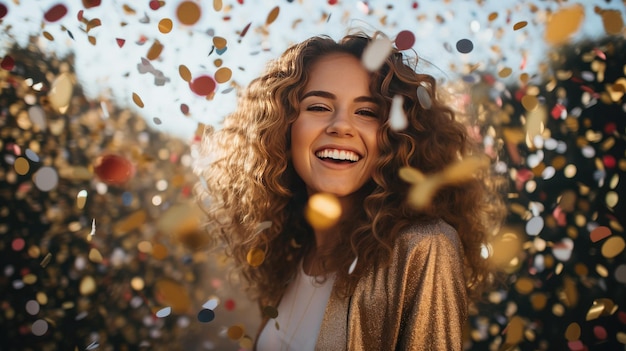 Photo a woman is laughing and has a lot of confetti on her face.