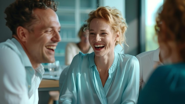 Photo a woman is laughing joyfully during a meeting with colleagues