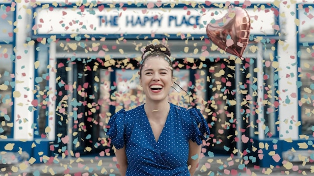 Photo a woman is laughing and laughing in front of a sign that says the happy place