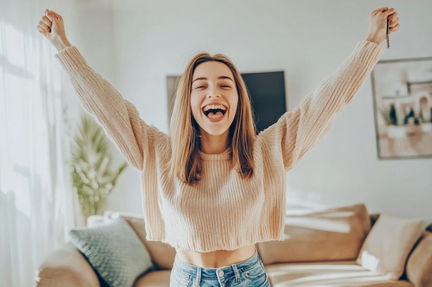 a woman is laughing and laughing with her arms open