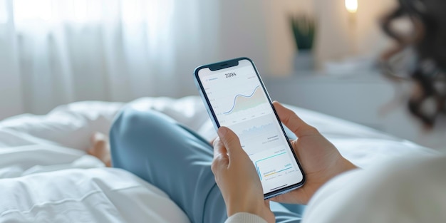 A woman is laying on a bed and holding a cell phone The phone is displaying a graph which could be related to her work or personal life Concept of relaxation and leisure