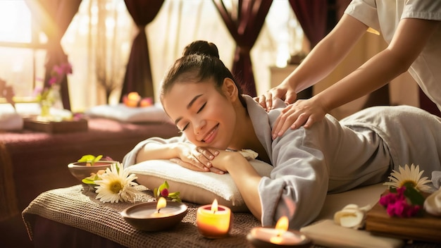 a woman is laying on a bed with a candle and flowers