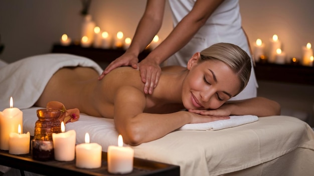 Photo a woman is laying on a bed with candles and a man is laying on it