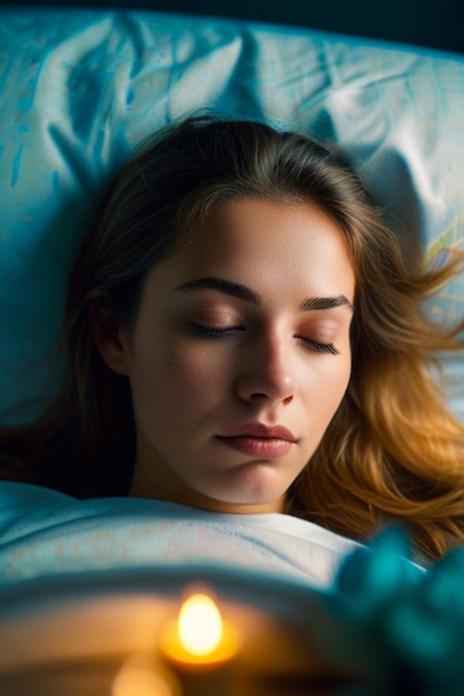 a woman is laying in bed with her eyes closed