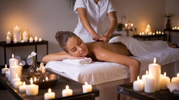 Photo a woman is laying on a bed with a towel around her