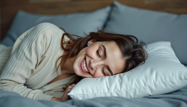 Photo a woman is laying on a bed with a white pillow and a blue pillow behind her