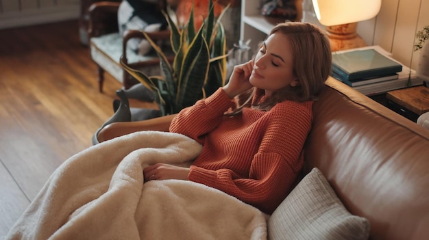 Photo a woman is laying on a couch with a blanket on her head