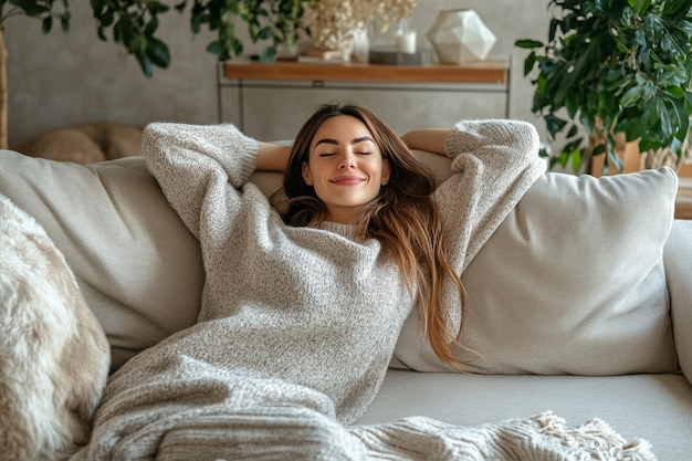 a woman is laying on a couch with her eyes closed