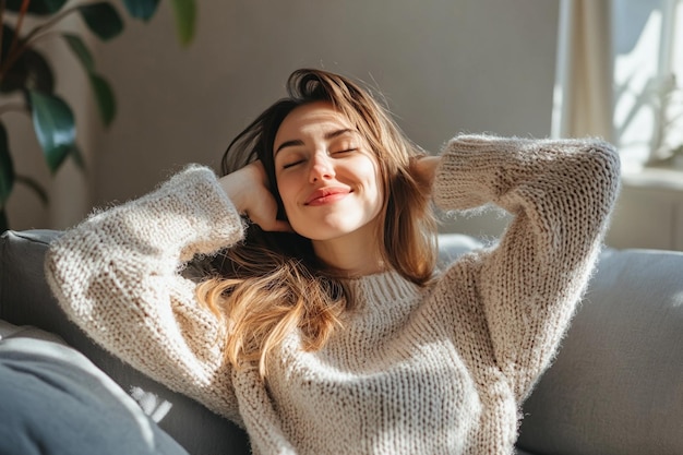 a woman is laying on a couch with her eyes closed