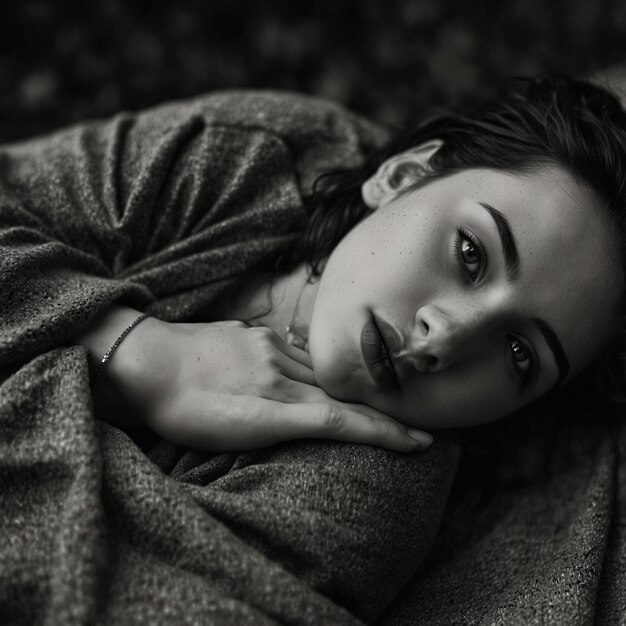 a woman is laying down with her hand on her chin