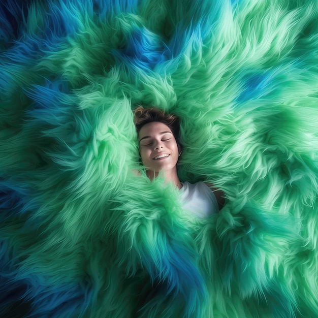 Photo a woman is laying in a green and blue blanket