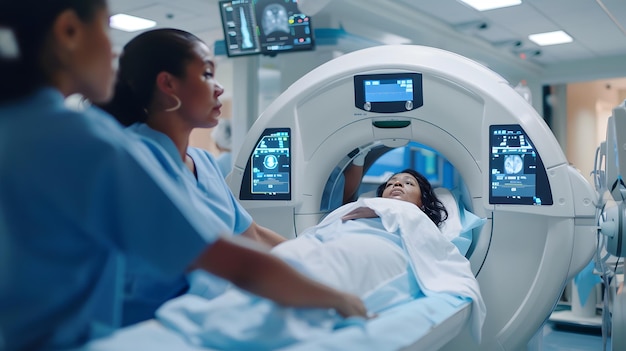 a woman is laying in a hospital bed with a nurse in the background