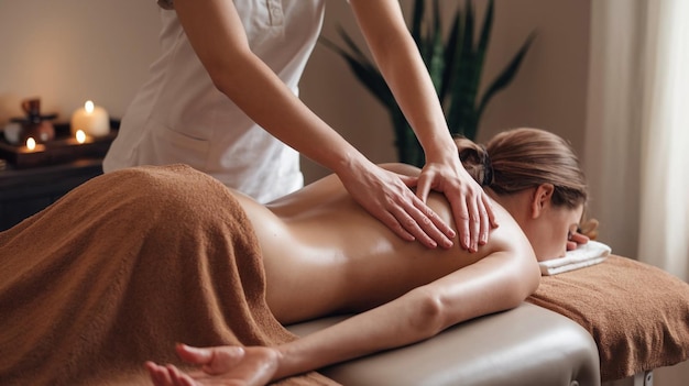 Photo a woman is laying on a massage chair with a woman in a white dress