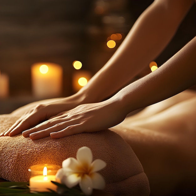 a woman is laying on a towel with flowers and a candle