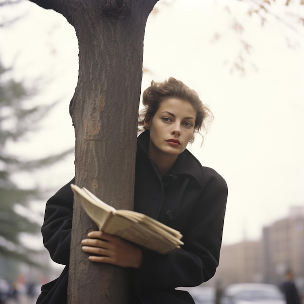 a woman is leaning against a tree with a book in her hand