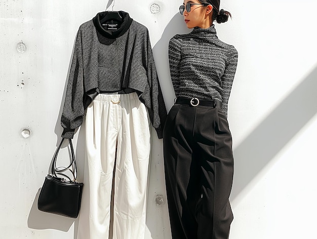 Photo a woman is leaning against a wall with a black bag next to it