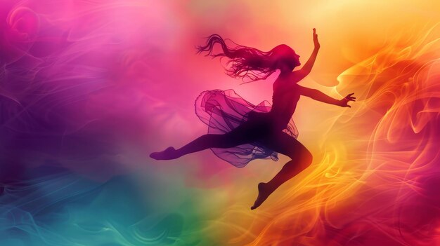 A woman is leaping into the air in a colorful background Concept of freedom and joy as the woman39s