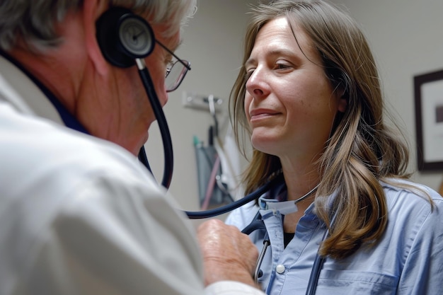 Photo a woman is listening to a doctors stethoscope medical professional using a stethoscope to listen to a patients heart