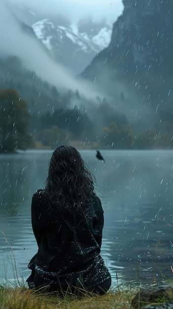 Photo a woman is looking at a bird in the water