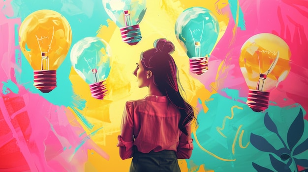 Photo a woman is looking at a bunch of light bulbs