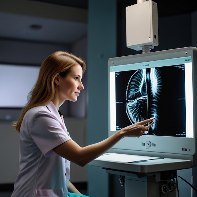 a woman is looking at a computer screen that has the brain on it