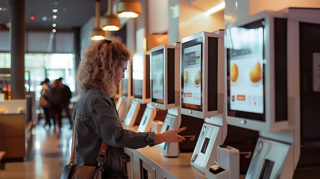 Photo a woman is looking at a computer screen that says quot the time is 1 00 quot