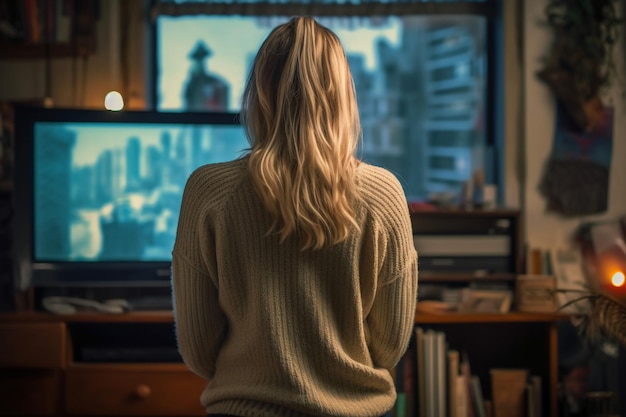 A woman is looking at a computer screen that says'the word'on it '