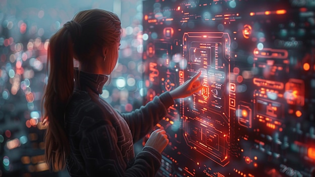 a woman is looking at a computer screen with the letters quot on it