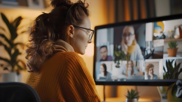 Photo a woman is looking at a computer screen with a woman on the screen