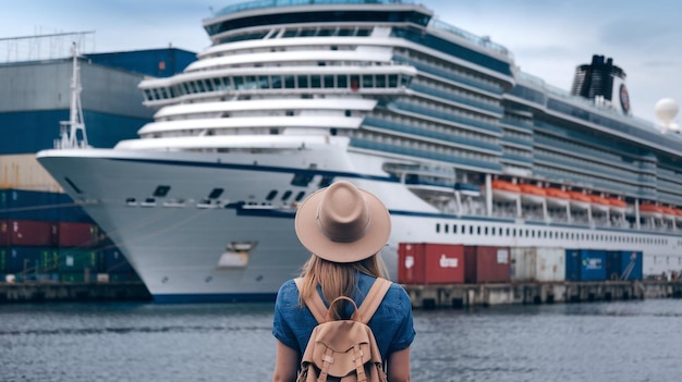 Photo a woman is looking at a cruise ship in the water