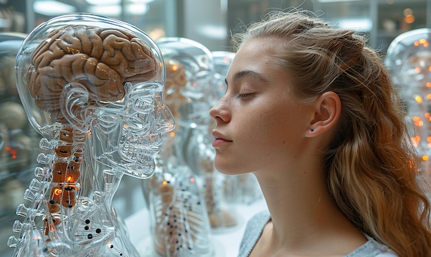 a woman is looking at a figurine that is made of nuts