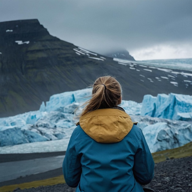 Photo a woman is looking at a glacier and a woman is looking at the camera