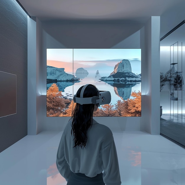 a woman is looking at a glass wall with mountains in the background