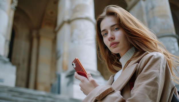 Photo a woman is looking at her cell phone