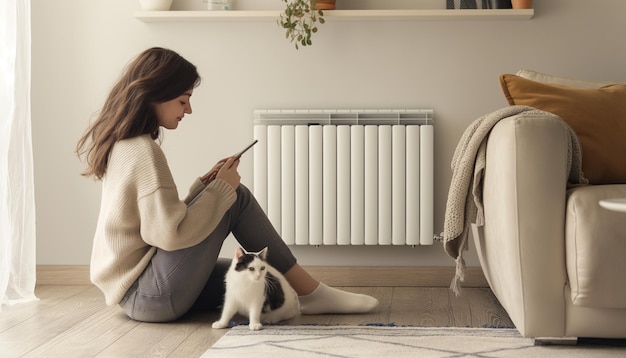 a woman is looking at her phone while a cat sits on the floor