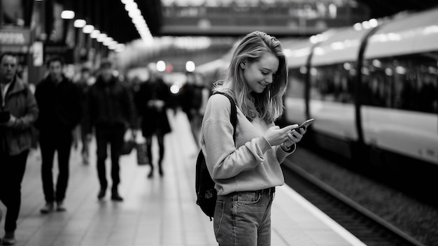 Photo a woman is looking at her phone while she is waiting for the train