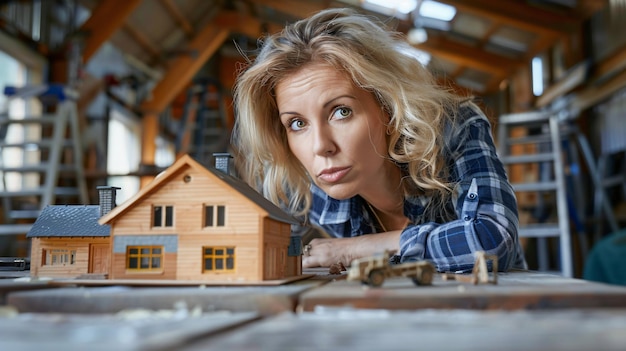 Photo a woman is looking at a house with a house on the roof