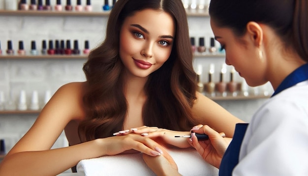 Photo a woman is looking at a manicure in a beauty salon