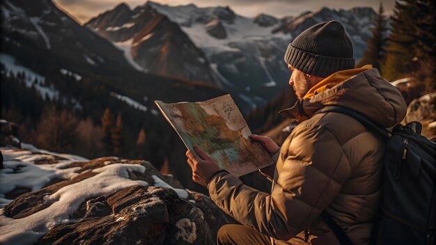 Photo a woman is looking at a map in front of a mountain