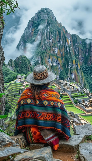 a woman is looking at a mountain with mountains in the background