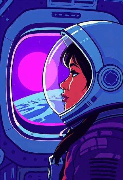 a woman is looking out of a space ship