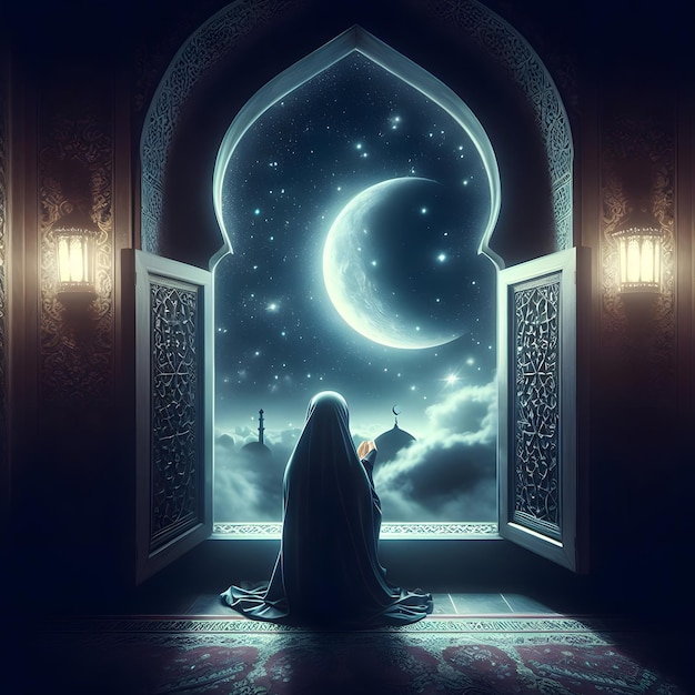 a woman is looking out a window at a moon and stars