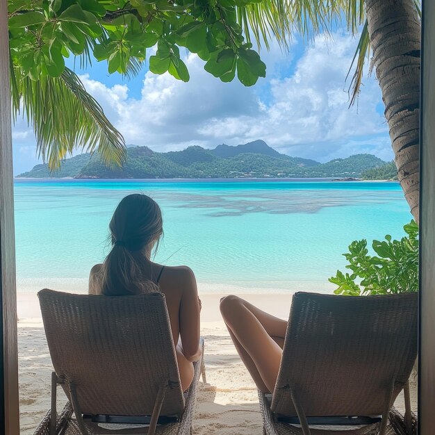 Photo a woman is looking out a window at the ocean