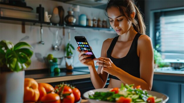 Photo a woman is looking at a phone that has the screen showing a salad