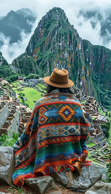 Photo a woman is looking at the ruins of the ancient city