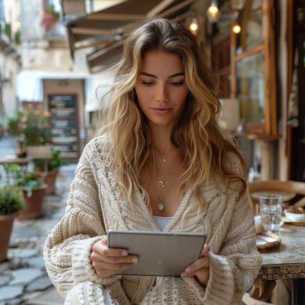 Photo a woman is looking at a tablet in a restaurant