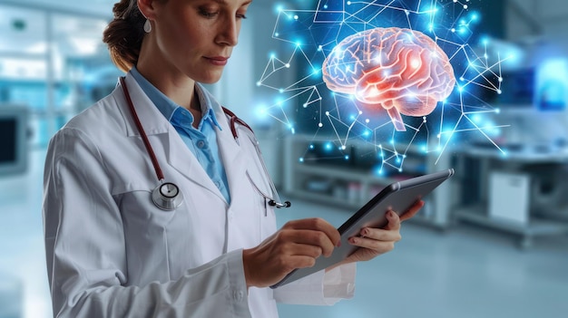 a woman is looking at a tablet with a brain on it